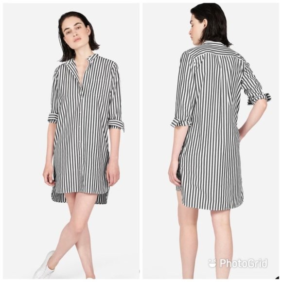 Everlane Dresses & Skirts - Everlane The Cotton Poplin Collarless striped Shirt Dress button ip size 00